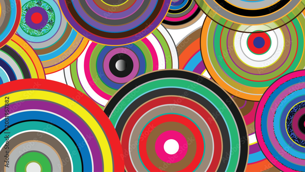 Fototapeta premium Psychedelic concentric circles background, colorful geometric target pattern vector, vibrant abstract round shapes for creative wallpaper