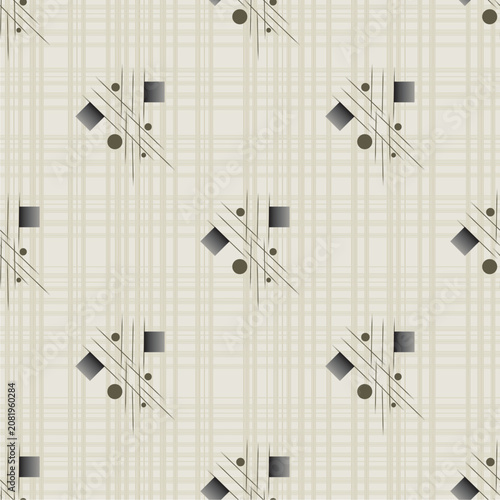 Modern Abstract Geometric Seamless Pattern with Elegant Beige Plaid Texture, Minimalist Squares and Circles Design for Wallpaper, Fabric, Upholstery, Home Decor and Digital Prints