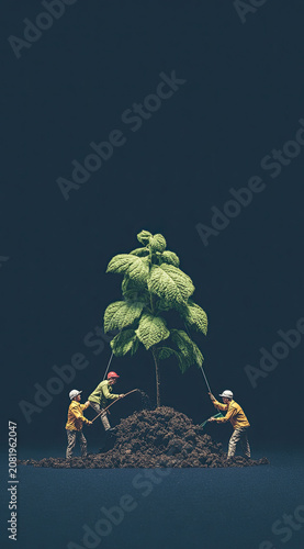 Miniature workers tending to a large green plant symbolizing growth and teamwork.