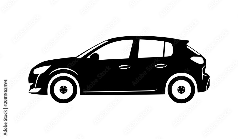Naklejka premium Compact hatchback car silhouette side view black vector illustration with modern urban automobile icon isolated on white background