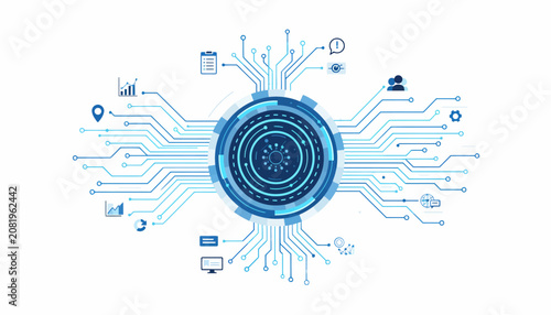 Abstract digital interface graphic showing data flow, analytics
