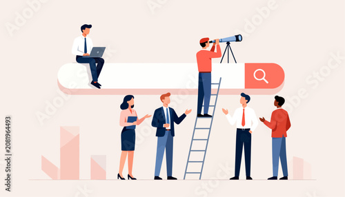 Group of professionals collaborate on large search bar icon
