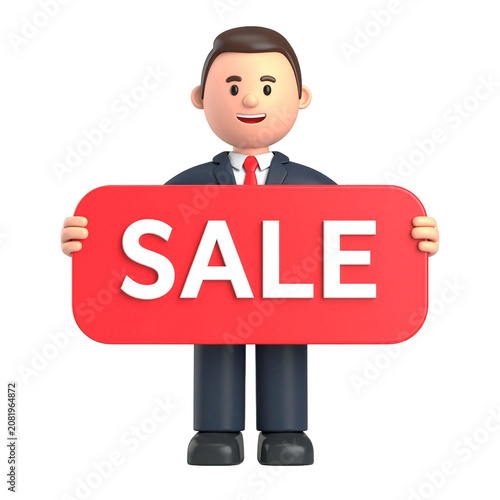 Businessman in a suit holds a large red sign with the word sale written in bold white letters to announce a special event.