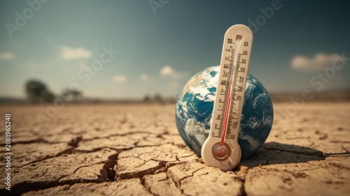Conceptual image of a globe with a thermometer on cracked ground illustrating global warming, climate change, and environmental issues affecting the planet