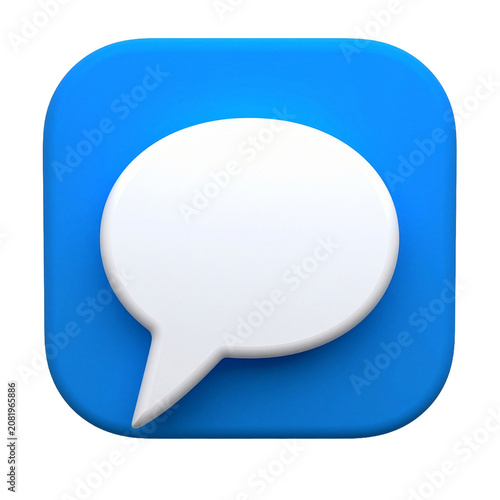 Speech bubble icon floats on a blue rounded square background to symbolize digital communication and messaging services.