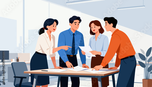 Team of four workers reviewing papers together in bright office space