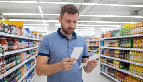 Worried man looking at bill after buying groceries at supermarket 