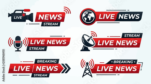 Vector graphics of live news stream icons and breaking news labels on air.