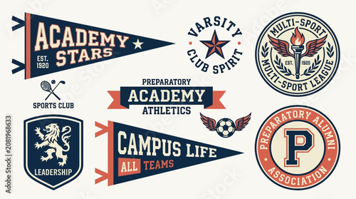 Vibrant vector graphics showcase various college emblems and logos on campus life themes.