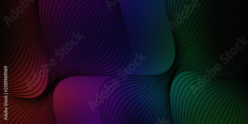 Fotografie Futuristic abstract background with dark flowing wave patterns created by tiny glowing dots against vibrant multi color gradient