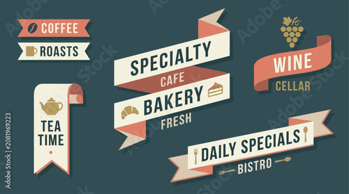 Vector illustration of a specialty cafe bakery with daily specials and wine cellar menu boards