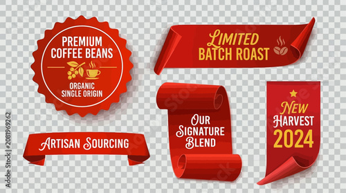 Vector graphics of premium coffee labels with artisan sourcing and limited batch roast