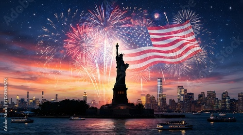 Statue of liberty with fireworks and American flag display new York city