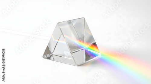 Clear optical glass triangular prism refracting a soft rainbow light beam, isolated on a solid white background