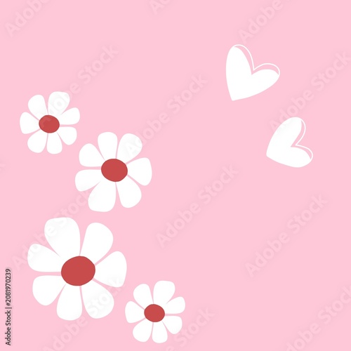 Minimalist background with cute white daisy blossoms and floating hearts on a sweet pink canvas