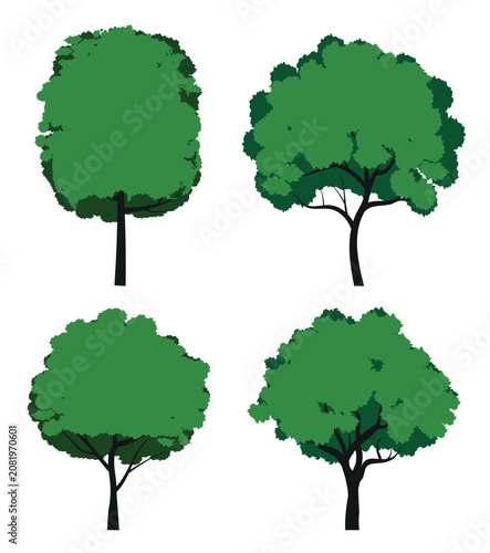 A set tree drawn by hand. Green leaves on branches and curved trunk. Vector Illustration.