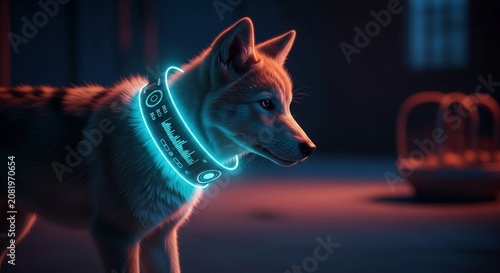 A Futuristic Cyberpunk Fox Wearing a Glowing Blue Tech Collar