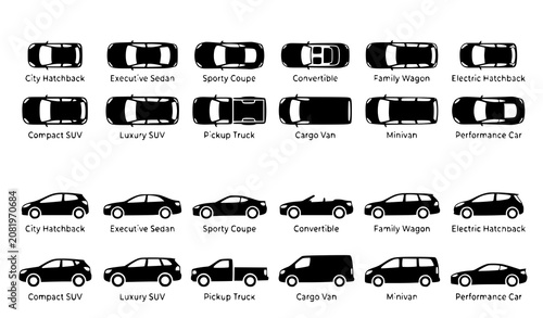 Vászonkép Professional car silhouette icon set with top and side view automobiles includin
