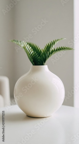 Minimalist White Ceramic Vase with Green Plant on Table.