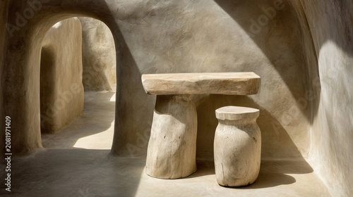 Minimalist Stone Furniture in Sunlit Architectural Interior.