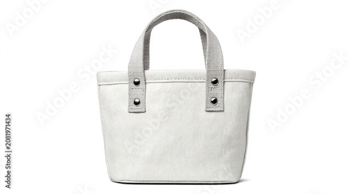 Minimalist White Canvas Tote Bag with Gray Handles Isolated on White Background.