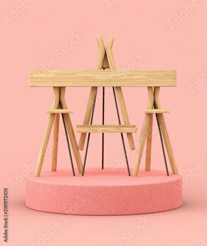 Minimalist wooden easel structure on pink podium against pastel background.