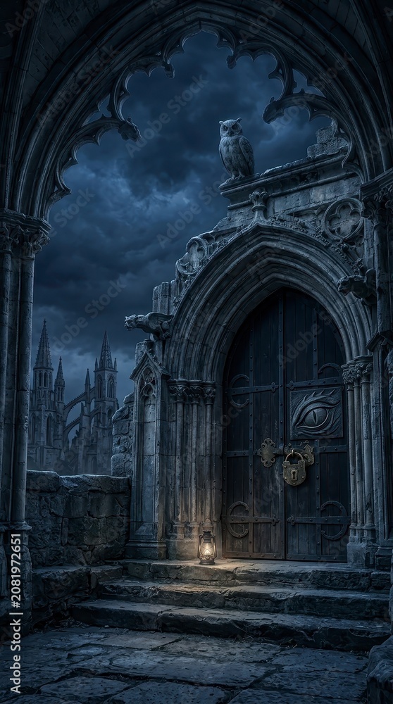 Fototapeta premium Gothic castle entrance with owl and lantern at night