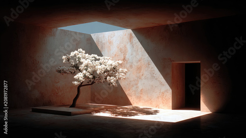 Minimalist Zen Garden with Blooming Tree and Dramatic Light.