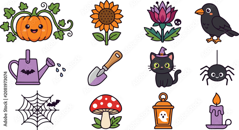 Fototapeta premium Cute Halloween Themed Garden Elements and Autumn Icons Clipart Collection