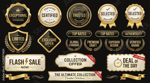 Golden vector badges and labels collection for premium quality assurance, certified trust, and exclusive offers. A versatile concept for professional branding and promotional design excellence