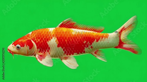 Orange and white koi fish swimming isolated on a solid green screen background for compositing