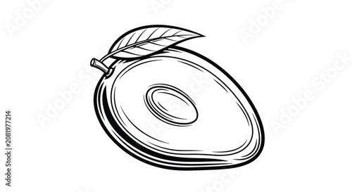 Clean black and white line art illustration of a halved avocado with its pit and an accompanying leaf, capturing its natural form with simple outlines, ideal for minimalist design.