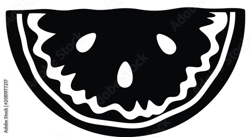 Striking black and white silhouette illustration of a watermelon slice, featuring distinct white seeds and a textured inner rind, creating a bold and recognizable graphic.