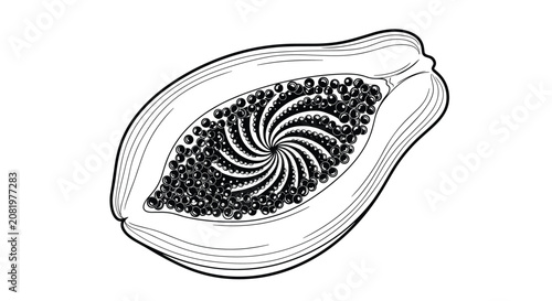 Artistic black and white illustration of a halved papaya, featuring an intricate swirling pattern within the central seed cavity and decorative texture, blending fruit with abstract art.