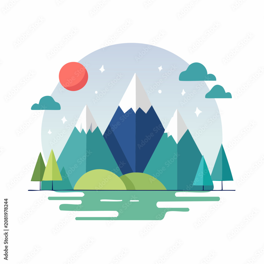 Obraz premium Flat Design Mountain Landscape with Sun and Clouds