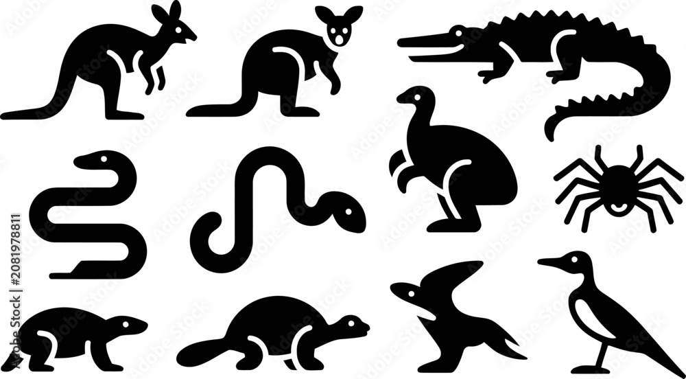 Obraz premium Black silhouettes of various Australian animals on white background