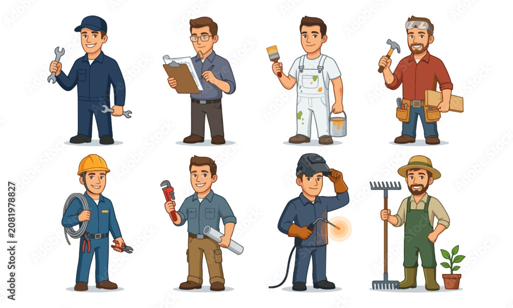 Fototapeta premium Worker character set with professional tools and uniforms