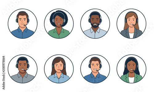 Customer service representative avatars wearing headsets icon set