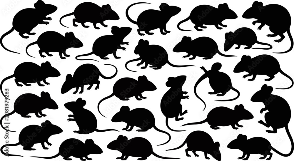 Fototapeta premium Black silhouettes of various mice in different poses on white background