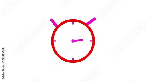 Flat design red clock icon animation with spinning hands on isolated white background