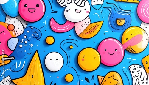 Playful abstract doodle art pattern with bright primary colors.