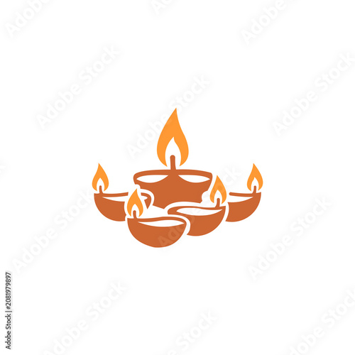 A stylized, modern vector illustration of a collection of burning diyas (traditional oil lamps), representing light, celebration, and spiritual warmth.