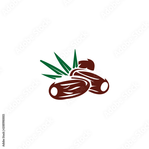 A stylized, modern vector illustration of a pair of dates with green leaves, representing natural snacks, healthy food, and cultural culinary traditions.