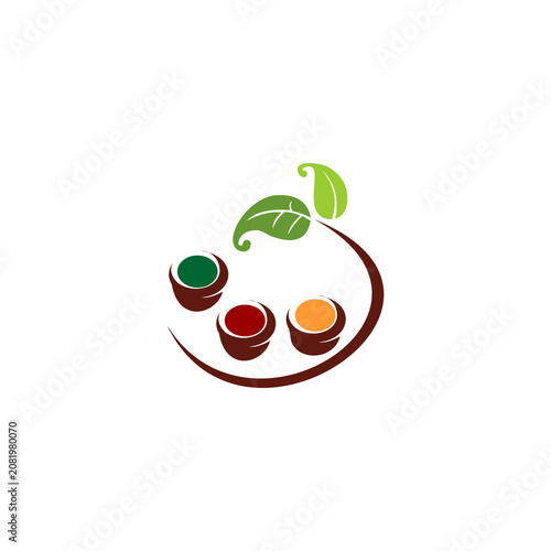 A stylized, modern vector illustration featuring three small bowls filled with colorful spices or ingredients, accompanied by a sweeping branch with two green leaves.