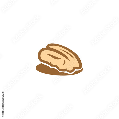 A stylized, modern vector illustration of a pecan nut half, representing natural snacks, wholesome ingredients, and nutty flavors.