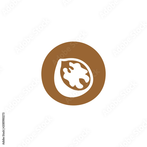 A stylized, modern vector illustration of a walnut kernel encased within a circular badge, representing natural snacks, health foods, and plant-based ingredients.