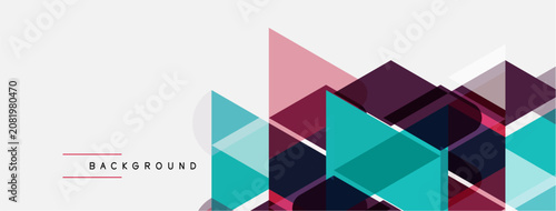 Abstract geometric shapes overlap creating dynamic background. Pink, teal, purple hues dominate design. Minimalist text present.