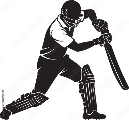 Cricket player, sports icon, black silhouette, athletic pose, white background