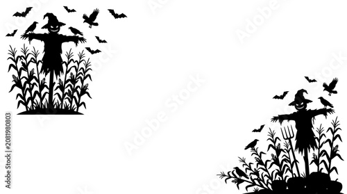 Fotografie Scarecrow silhouettes, black vector icons, farm birds, cornfield illustrations,