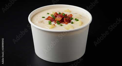 Creamy Potato Soup with Bacon in Paper Cup on Black